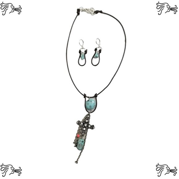 Rhinestone Cross Stone Choker Necklace & Earrings Brown Hand knotted Leather - Picture 2 of 4